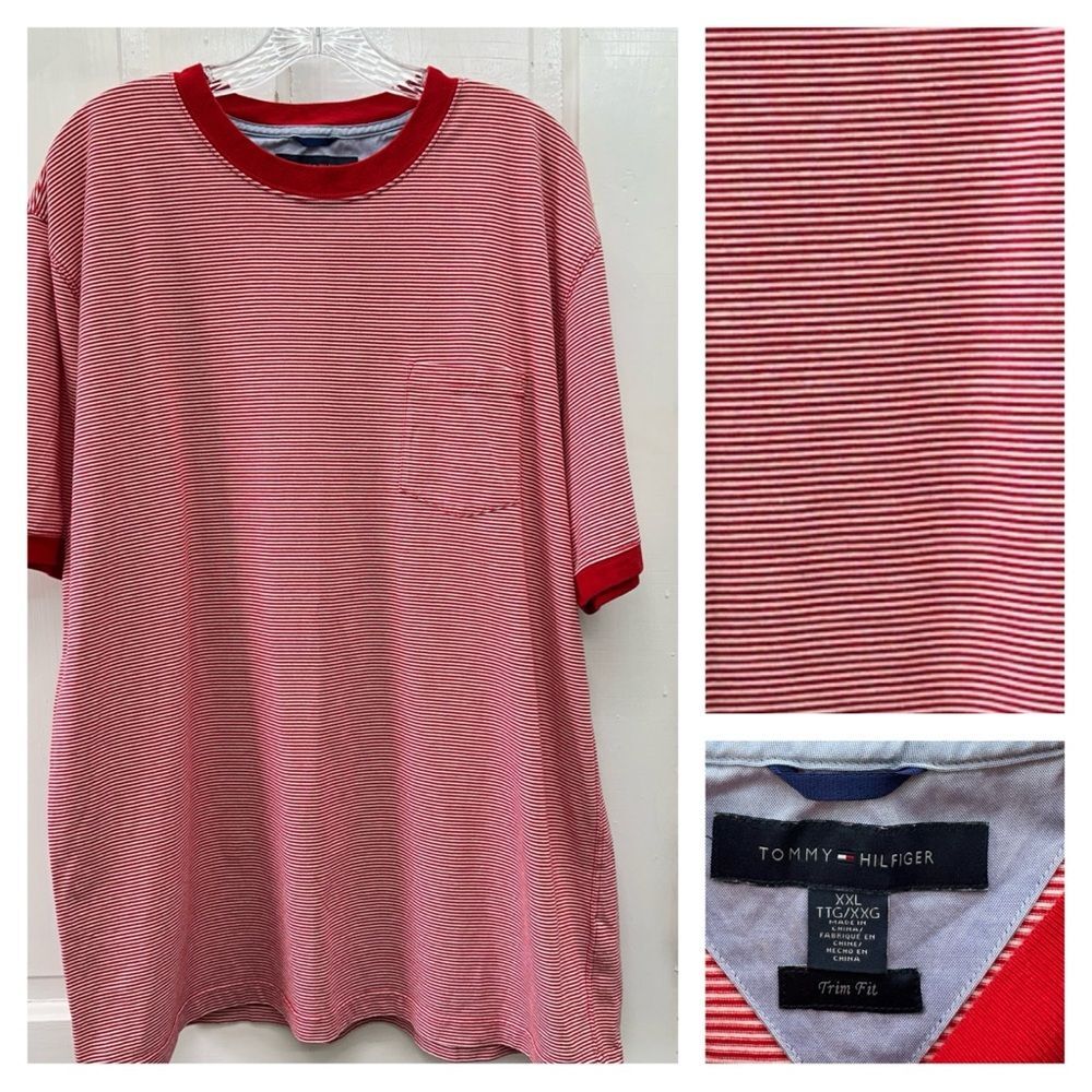 Tommy Hilfiger trim‎ fit red white striped short sleeve shirt men's xxl